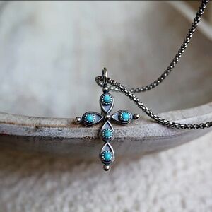 Sterling Silver Cross Necklace with Turquoise Stones